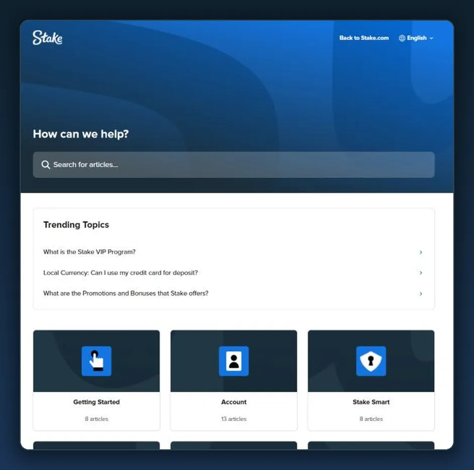 Stake Help Center home with trending topics and collections