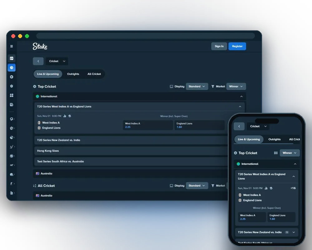 Stake cricket page on desktop and on a phone